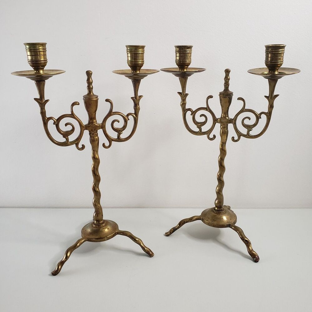Antique Brass Candlesticks Twist Swirl Scroll Pair Double Candelabra Holders